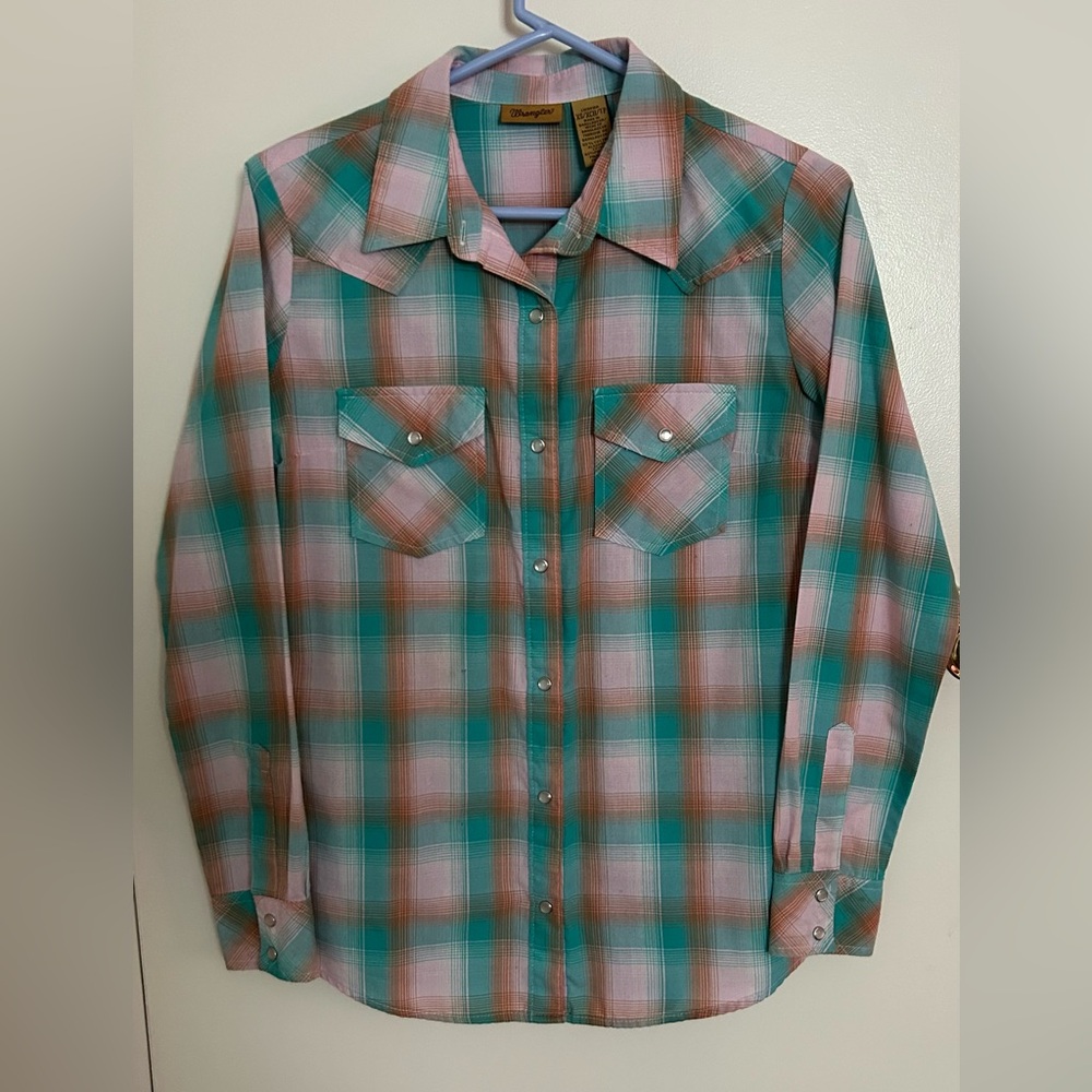 Wrangler Teal and Pink Plaid Button-Down Shirt